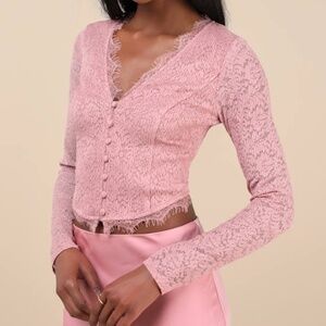 Lulus Certainly Exquisite Mauve Pink Eyelash Lace Long Sleeve Crop Top - Size XS